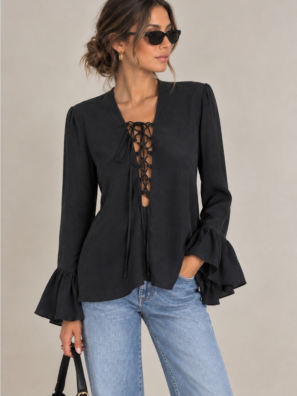 Stone Cold Fox Silk Black Lace Up Bell Sleeve Boho Blouse size 2